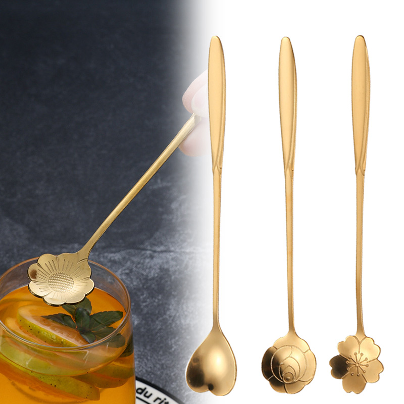 Gold Cutlery Flatware - Cuchara de café dorada con flor